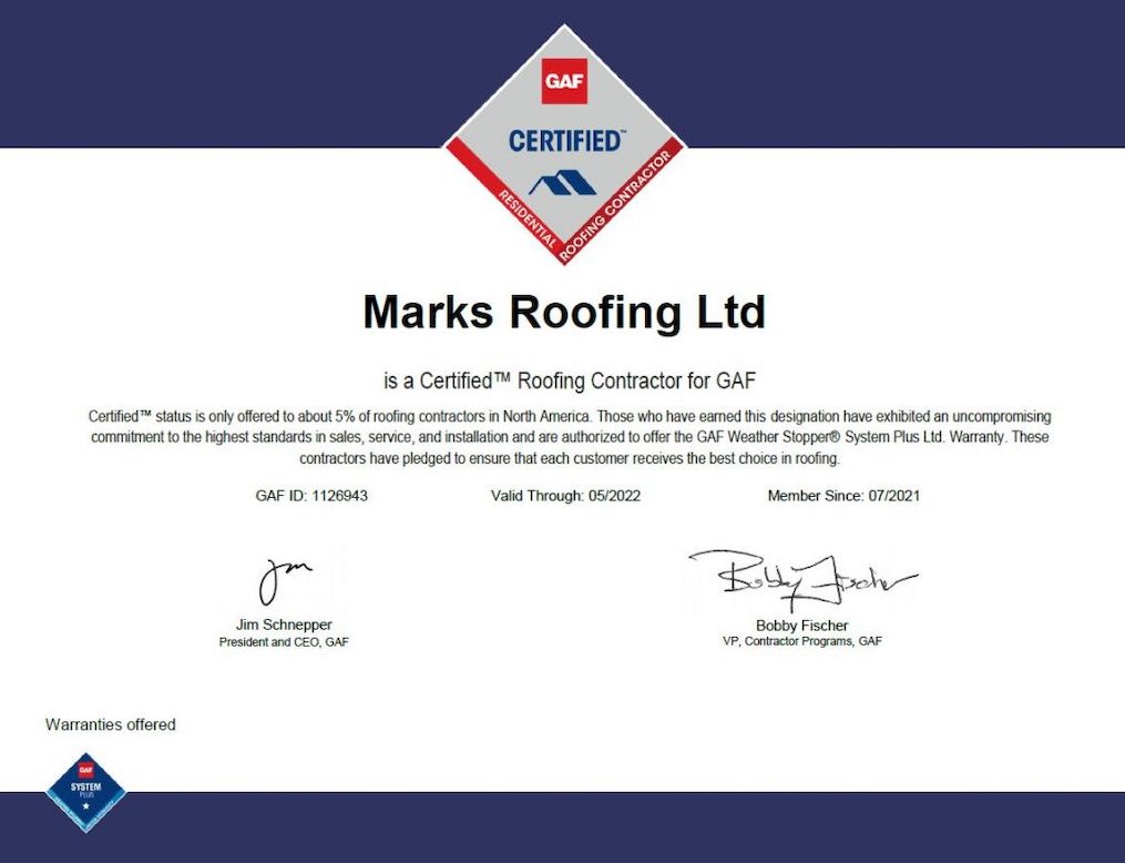 Marks Roofing GAF Certificate