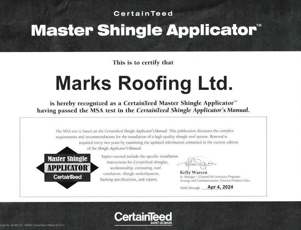 Marks Roofing Ltd. Master Shingle Applicator Certificate
