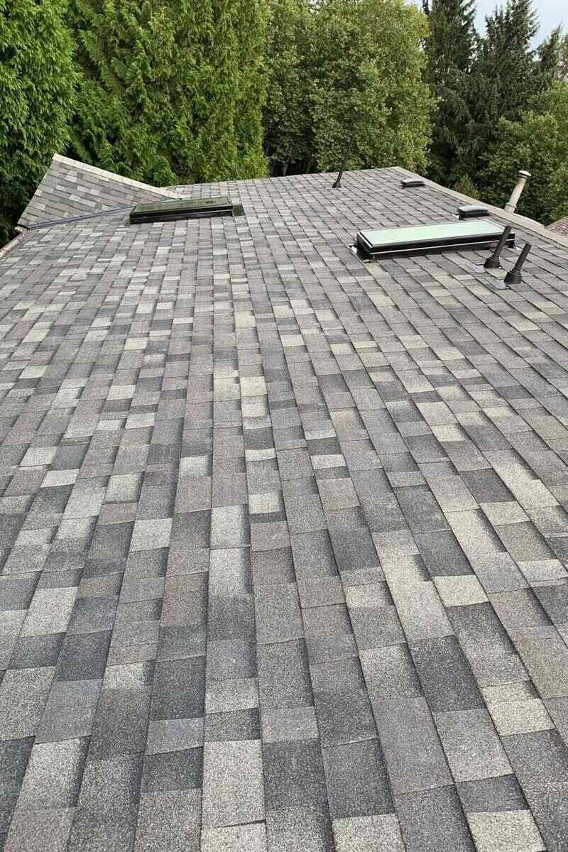 Gray architectural shingles on a completed residential roof replacement with skylights and vents