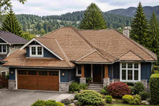 Clean cedar shake roof on a Coquitlam home surrounded by trees and hillside greenery.
