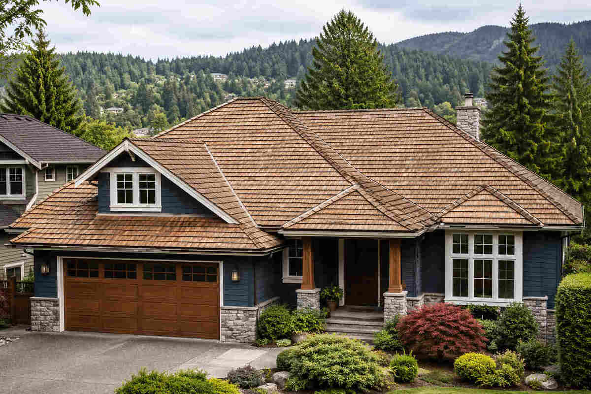 Clean cedar shake roof on a Coquitlam home surrounded by trees and hillside greenery.