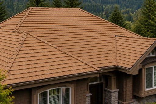 Close view of a Coquitlam house with detailed cedar roofing and forested residential surroundings.
