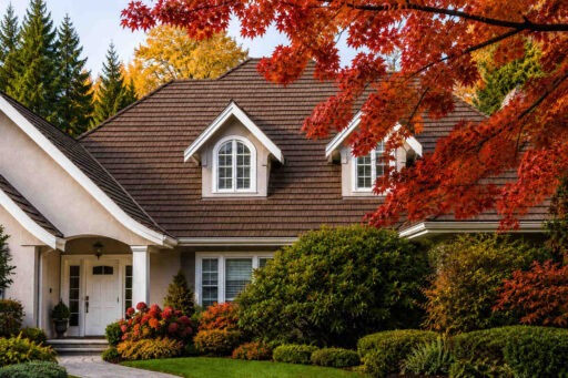 Autumn view of a North Vancouver home with a cedar shingle roof, dormer windows, red maple foliage, and mature landscaping.