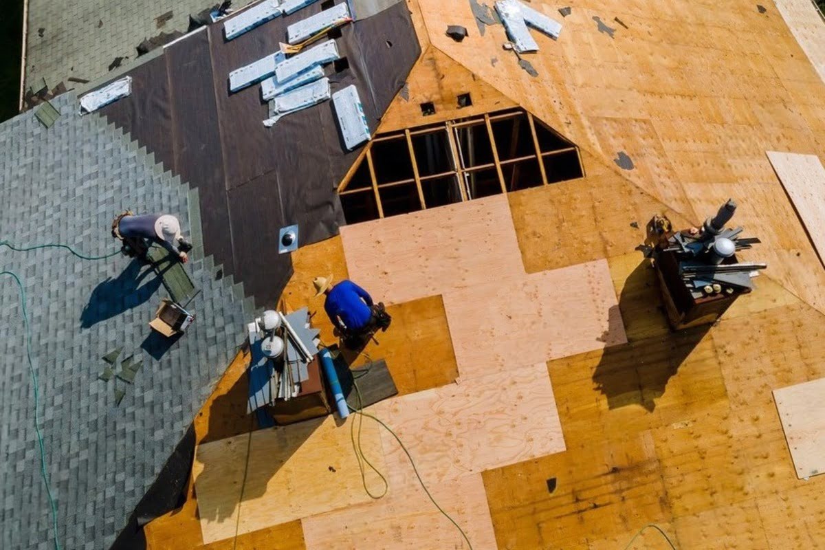 Roofers installing plywood patches on damaged roof decking during shingle replacement on a residential roof