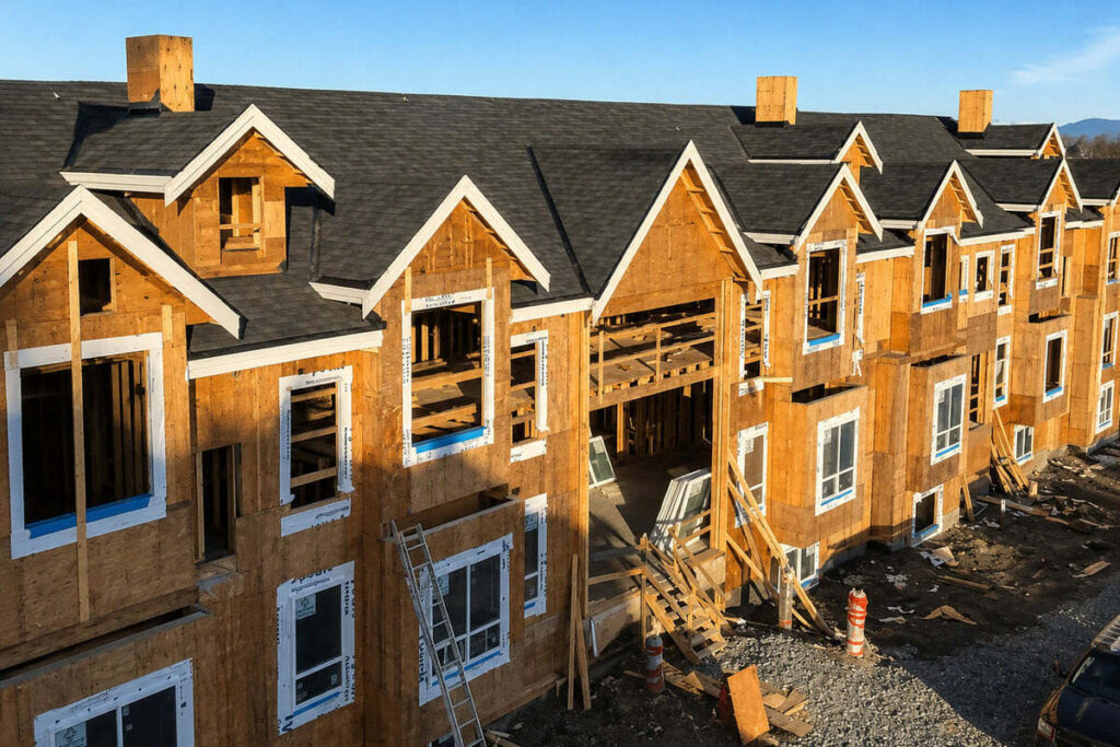 Active multi-family roof installation site in BC with ladders, roofing materials, and shared property access during construction.