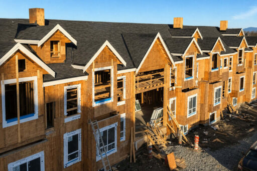 Active multi-family roof installation site in BC with ladders, roofing materials, and shared property access during construction.